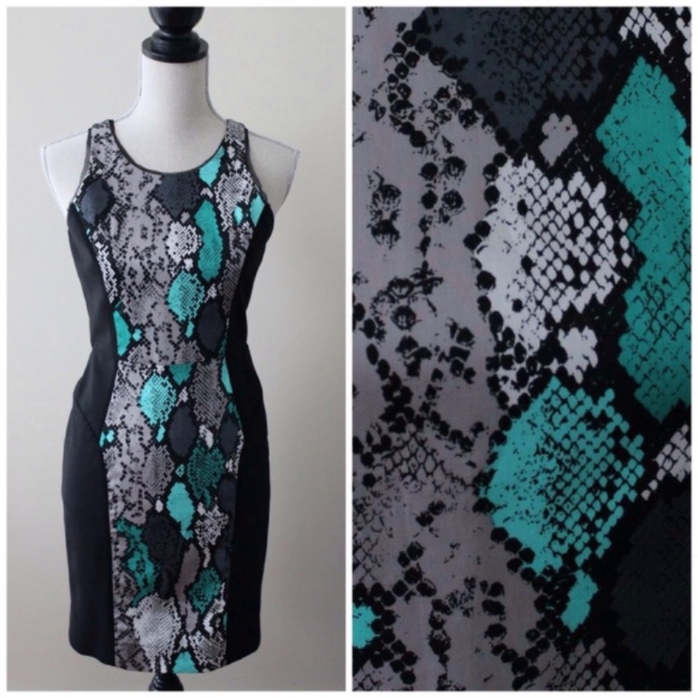 MILLY Snake Print Mini Bodycon Dress Size Small Teal Black Sheath Party